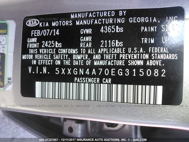 5XXGN4A70EG315082 - 2014 KIA OPTIMA EX SILVER photo 9