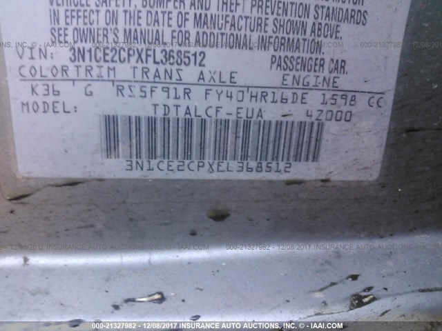 3N1CE2CPXFL368512 - 2015 NISSAN VERSA NOTE S/S PLUS/SV/SL/SR SILVER photo 9