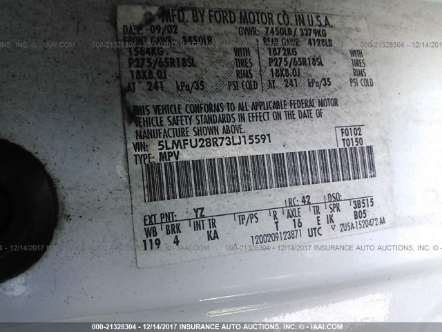 5LMFU28R73LJ15591 - 2003 LINCOLN NAVIGATOR 白色 照片 9