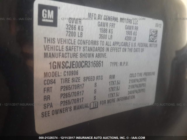 1GNSCJE00CR316861 - 2012 CHEVROLET SUBURBAN C1500 LT BLACK photo 9