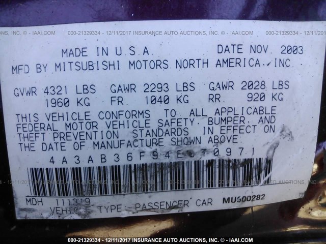 4A3AB36F94E070971 - 2004 MITSUBISHI GALANT ES MEDIUM/LS MEDIUM BURGUNDY photo 9