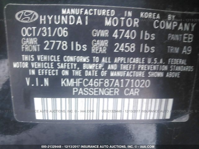 KMHFC46F87A171020 - 2007 HYUNDAI AZERA SE/LIMITED BLACK photo 9