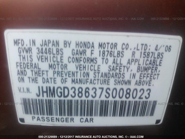 JHMGD38637S008023 - 2007 HONDA FIT S ORANGE photo 9