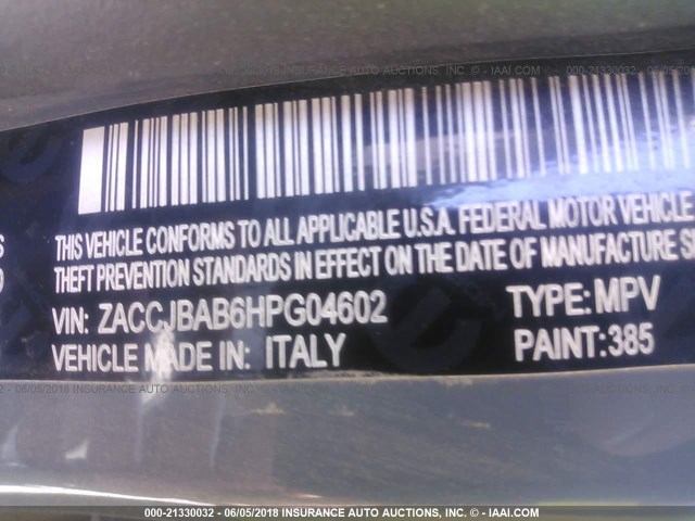 ZACCJBAB6HPG04602 - 2017 JEEP RENEGADE SPORT Մոխրագույն լուսանկար 9