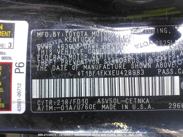 4T1BF1FKXEU428983 - 2014 TOYOTA CAMRY L/SE/LE/XLE 黑色 照片 9