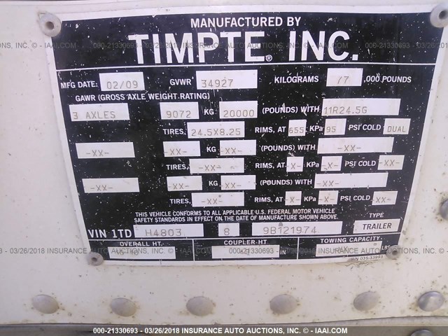 1TDH480389B121974 - 2009 TIMPTE SUPER HOPPER BOTTOM GRAIN  WHITE photo 9