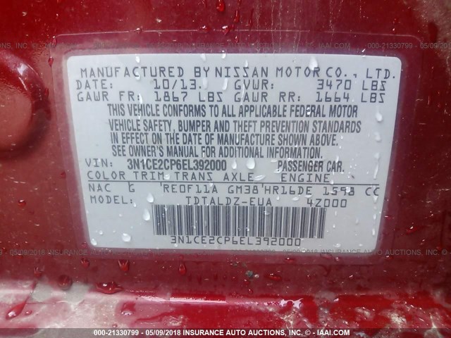 3N1CE2CP6EL392000 - 2014 NISSAN VERSA NOTE S/S PLUS/SV/SL RED photo 9