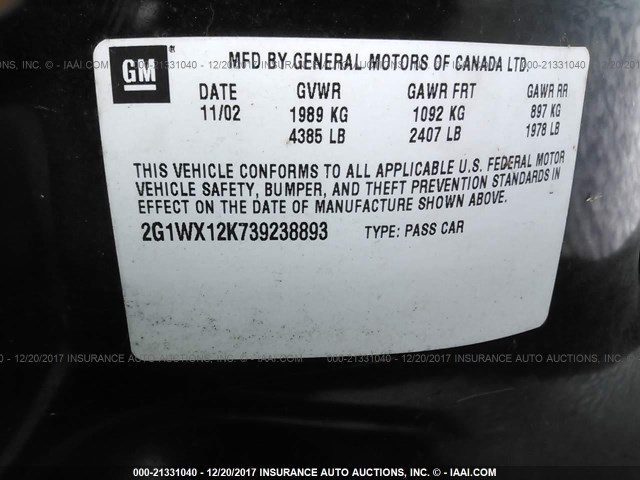 2G1WX12K739238893 - 2003 CHEVROLET MONTE CARLO SS შავი ფოტო 9