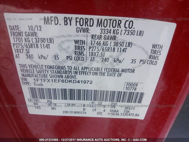 1FTFX1EF6DKD41972 - 2013 FORD F150 SUPER CAB RED photo 9