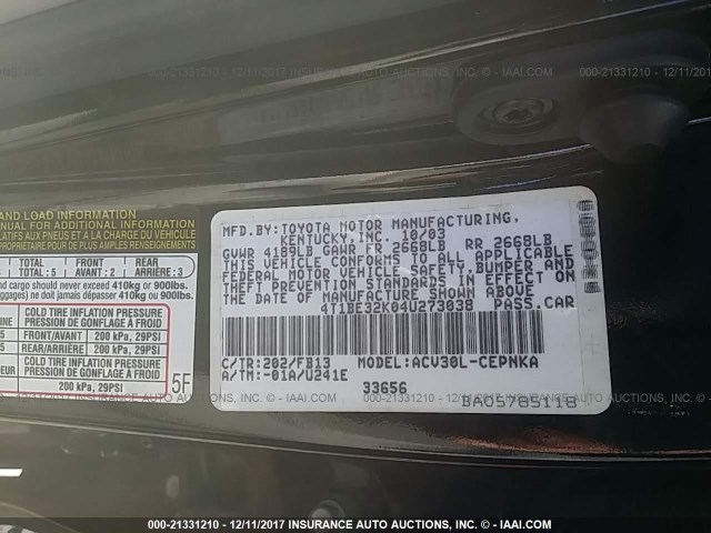 4T1BE32K04U273038 - 2004 TOYOTA CAMRY LE/XLE/SE შავი ფოტო 9