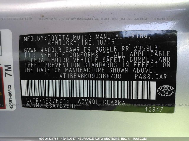 4T1BE46K09U368738 - 2009 TOYOTA CAMRY SE/LE/XLE 银色 照片 9