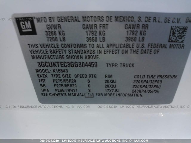 3GCUKTEC3GG304459 - 2016 CHEVROLET SILVERADO K1500 HIGH COUNTRY WHITE photo 9