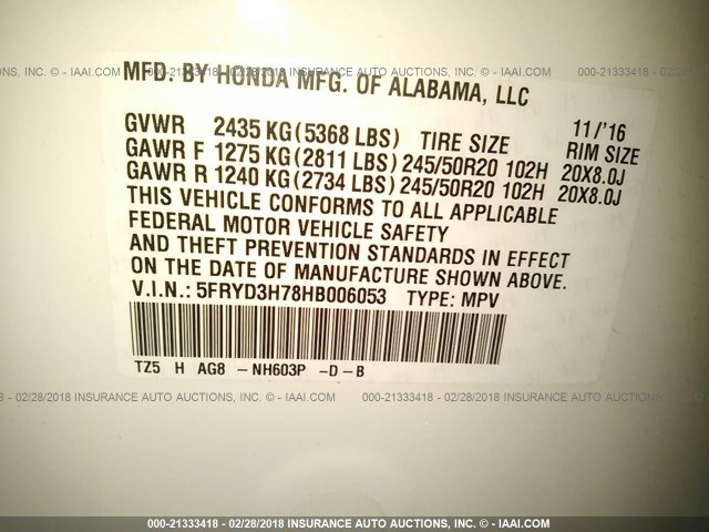 5FRYD3H78HB006053 - 2017 ACURA MDX TECHNOLOGY WHITE photo 9