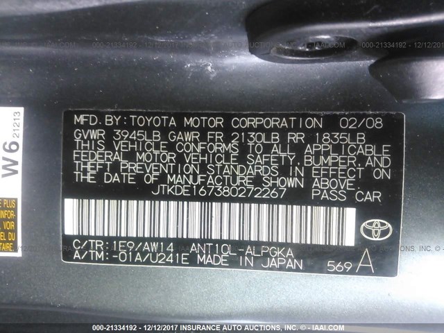 JTKDE167380272267 - 2008 TOYOTA SCION TC 灰色 照片 9