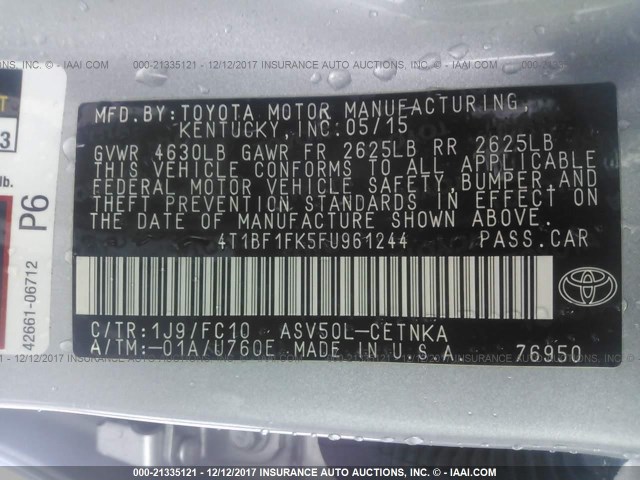 4T1BF1FK5FU961244 - 2015 TOYOTA CAMRY LE/XLE/SE/XSE Silber Foto 9