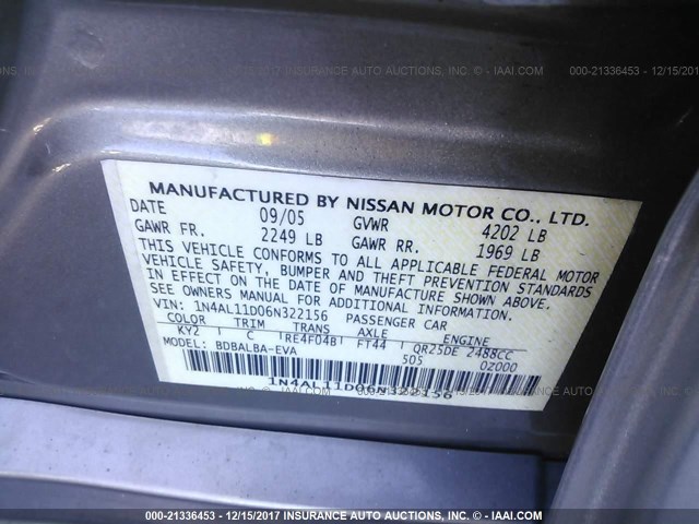 1N4AL11D06N322156 - 2006 NISSAN ALTIMA S/SL GRAY photo 9