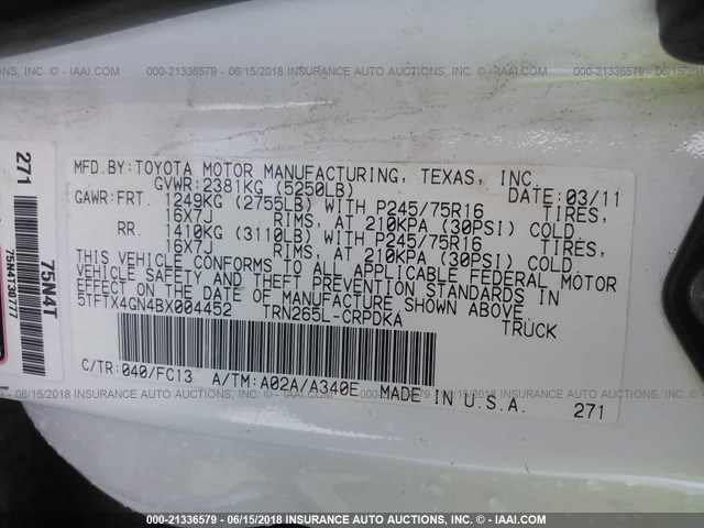 5TFTX4GN4BX004452 - 2011 TOYOTA TACOMA PRERUNNER ACCESS CAB WHITE photo 9