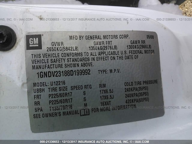 1GNDV23188D199992 - 2008 CHEVROLET UPLANDER LS WHITE photo 9