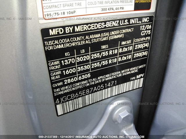 4JGCB65E87A051471 - 2007 MERCEDES-BENZ R 350 SILVER photo 9