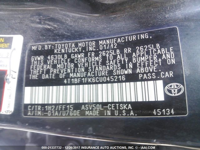 4T1BF1FK6CU045216 - 2012 TOYOTA CAMRY SE/LE/XLE BLACK photo 9