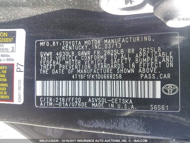 4T1BF1FK1DU668258 - 2013 TOYOTA CAMRY L/SE/LE/XLE BLACK photo 9