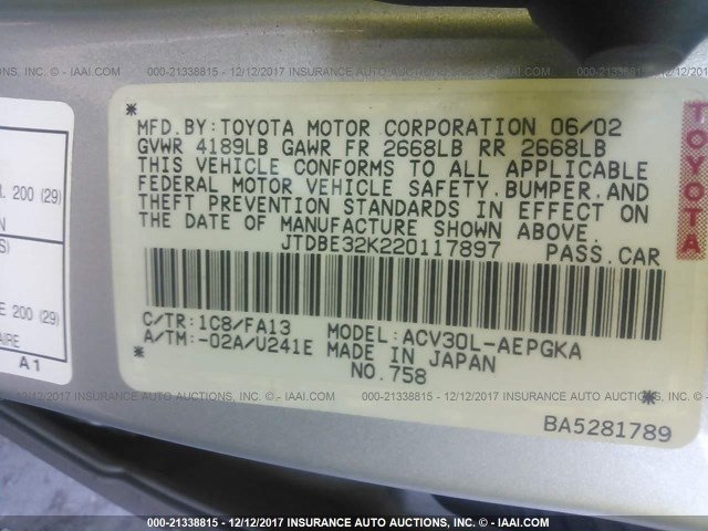 JTDBE32K220117897 - 2002 TOYOTA CAMRY LE/XLE/SE ვერცხლისფერი ფოტო 9