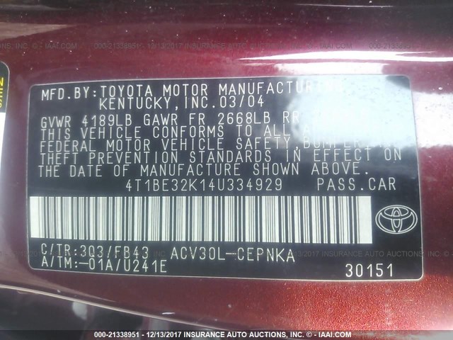 4T1BE32K14U334929 - 2004 TOYOTA CAMRY LE/XLE/SE მუქწითელი ფოტო 9