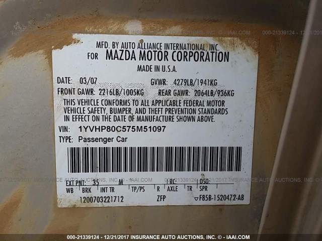 1YVHP80C575M51097 - 2007 MAZDA 6 I Күміс фото 9