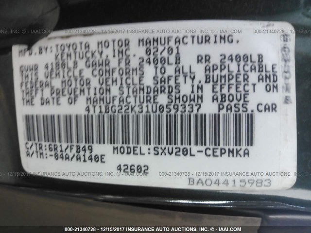 4T1BG22K31U059337 - 2001 TOYOTA CAMRY CE/LE/XLE 绿色 照片 9
