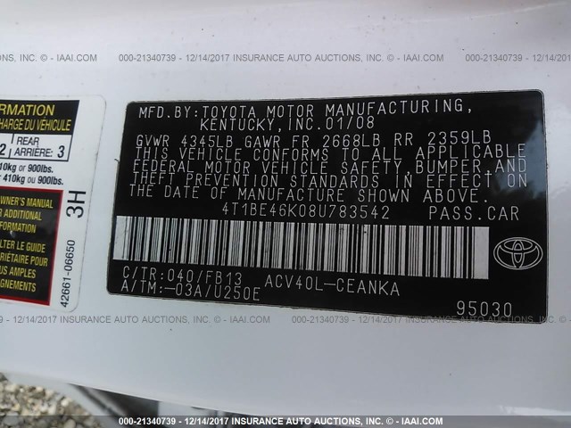 4T1BE46K08U783542 - 2008 TOYOTA CAMRY CE/LE/XLE/SE WHITE photo 9