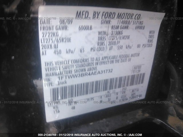 1FTWW3BR4AEA31732 - 2010 FORD F350 SUPER DUTY BLACK photo 9