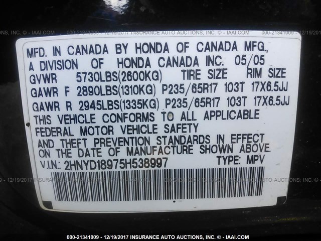 2HNYD18975H538997 - 2005 ACURA MDX TOURING BLACK photo 9