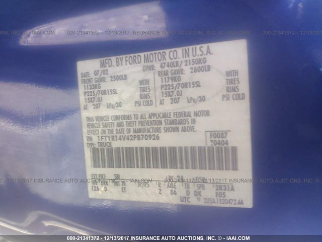 1FTYR14V42PB70926 - 2002 FORD RANGER SUPER CAB BLUE photo 9