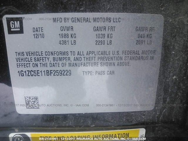 1G1ZC5E11BF259229 - 2011 CHEVROLET MALIBU 1LT 黑色 照片 9