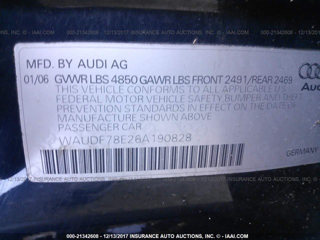 WAUDF78E26A190828 - 2006 AUDI A4 2.0T QUATTRO BLUE photo 9