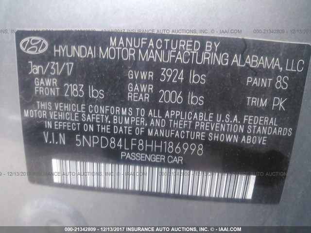 5NPD84LF8HH186998 - 2017 HYUNDAI ELANTRA SE/VALUE/LIMITED SILVER photo 9