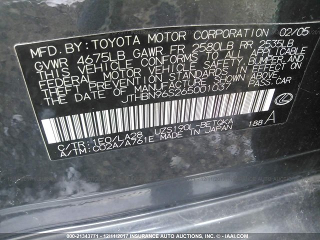 JTHBN96S265001037 - 2006 LEXUS GS GENERATION 200 430 GRAY photo 9