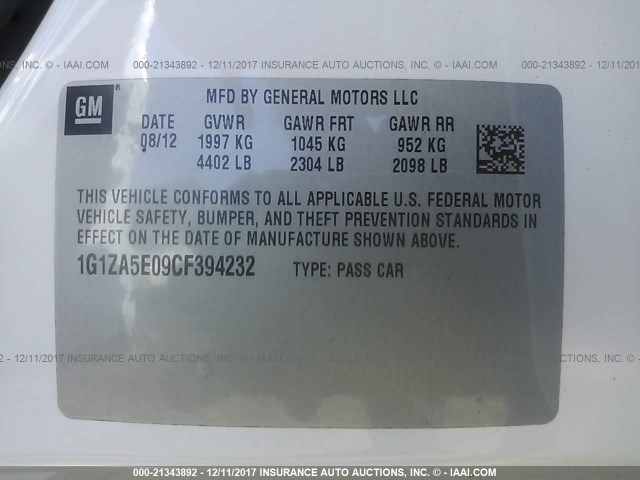 1G1ZA5E09CF394232 - 2012 CHEVROLET MALIBU LS 白色 照片 9