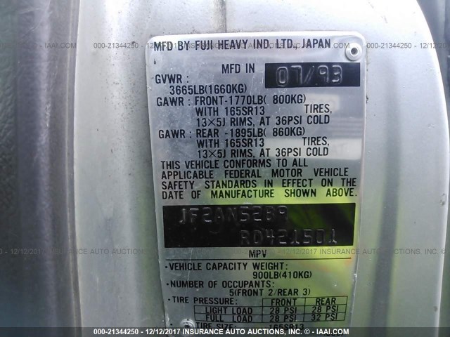 JF2AN52B9RD421501 - 1994 SUBARU LOYALE GRAY photo 9