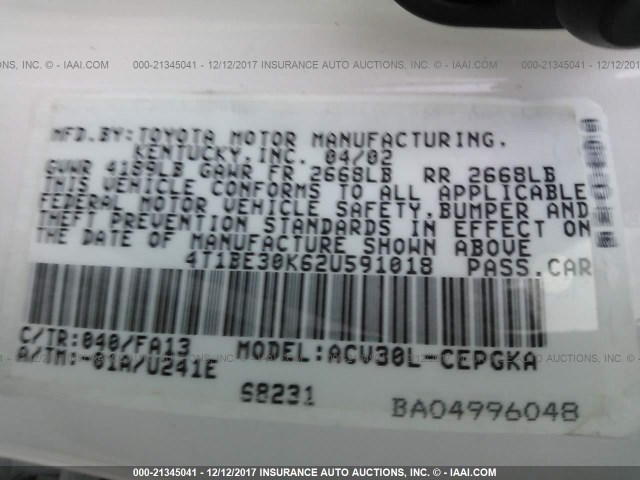 4T1BE30K62U591018 - 2002 TOYOTA CAMRY LE/XLE/SE თეთრი ფოტო 9