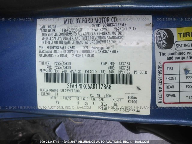 3FAHP0KC6AR117868 - 2010 FORD FUSION SPORT BLUE photo 9