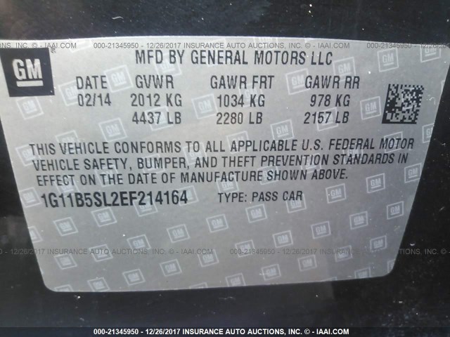 1G11B5SL2EF214164 - 2014 CHEVROLET MALIBU LS 黑色 照片 9