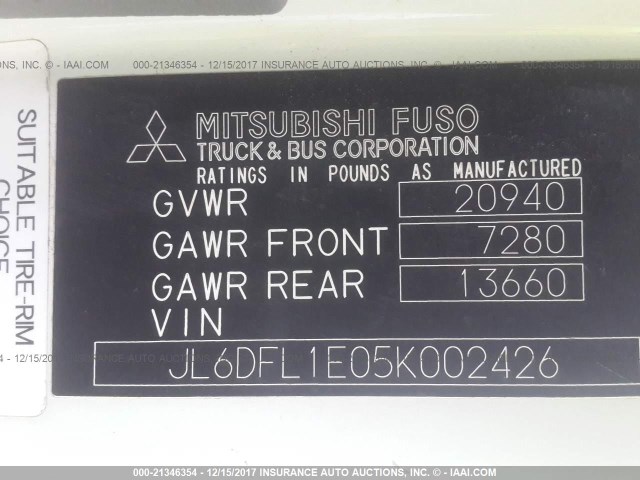 JL6DFL1E05K002426 - 2005 MITSUBISHI FUSO TRUCK FK 61F WHITE photo 10