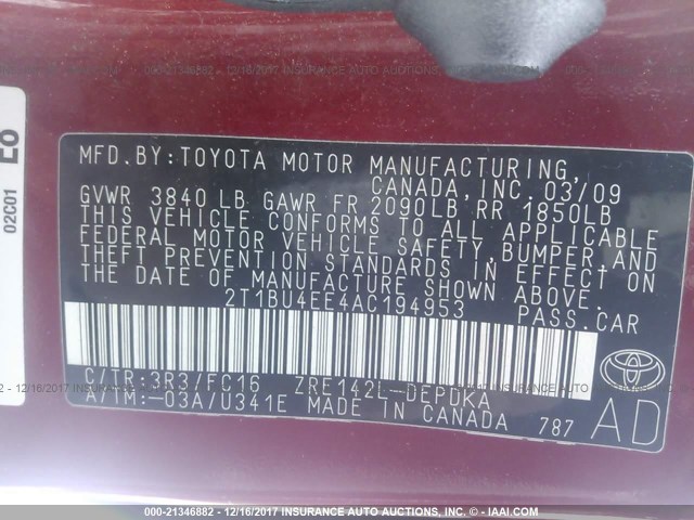 2T1BU4EE4AC194953 - 2010 TOYOTA COROLLA S/LE/XLE RED photo 9