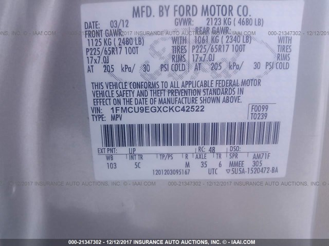 1FMCU9EGXCKC42522 - 2012 FORD ESCAPE LIMITED SILVER photo 9