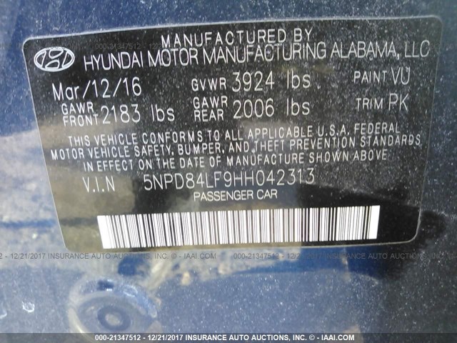 5NPD84LF9HH042313 - 2017 HYUNDAI ELANTRA SE/VALUE/LIMITED BLUE photo 9