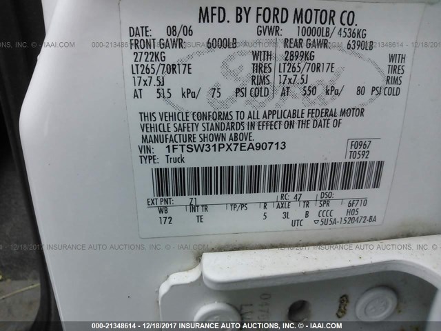 1FTSW31PX7EA90713 - 2007 FORD F350 SRW SUPER DUTY WHITE photo 9