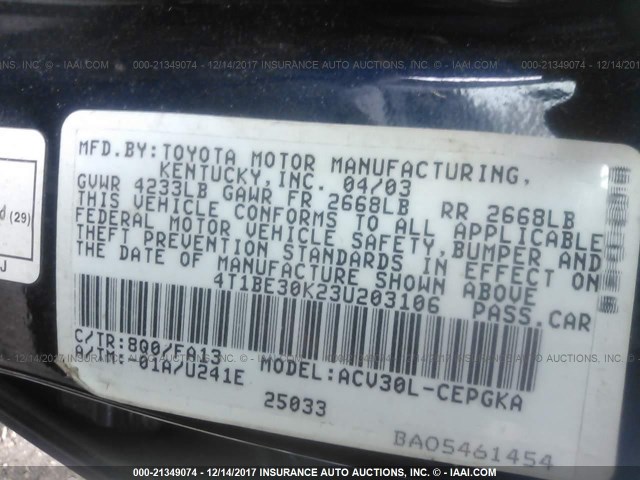 4T1BE30K23U203106 - 2003 TOYOTA CAMRY LE/XLE/SE 蓝色 照片 9