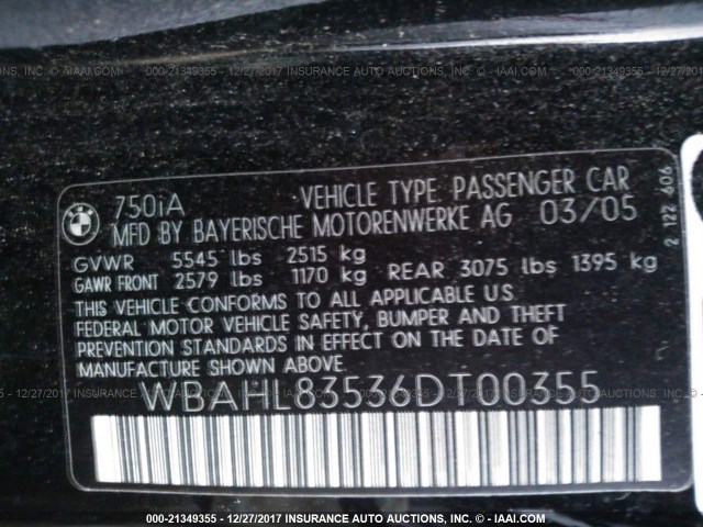 WBAHL83536DT00355 - 2006 BMW 750 I BLACK photo 9