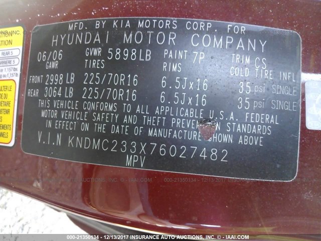 KNDMC233X76027482 - 2007 HYUNDAI ENTOURAGE GLS/SE/LIMITED RED photo 9